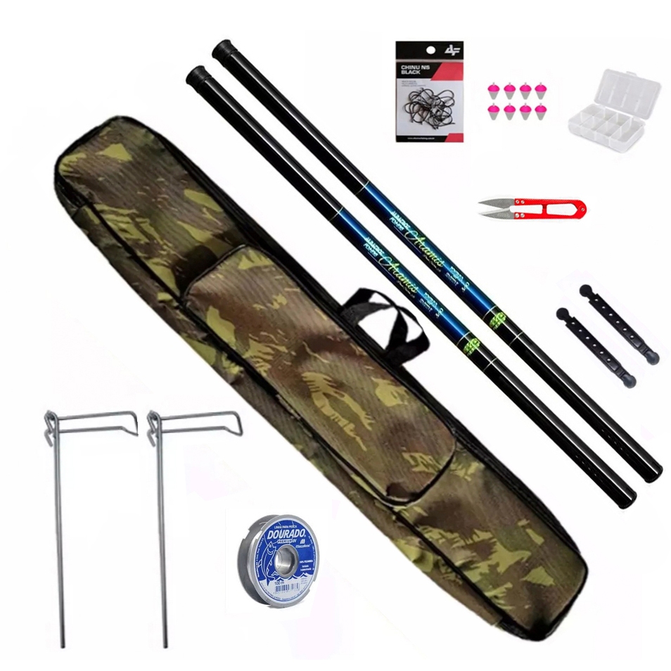 KIT COMPLETO P/ PESCA DE TILÁPIAS C/ 2 VARAS TELESCÓPICAS em Oferta na Shopee