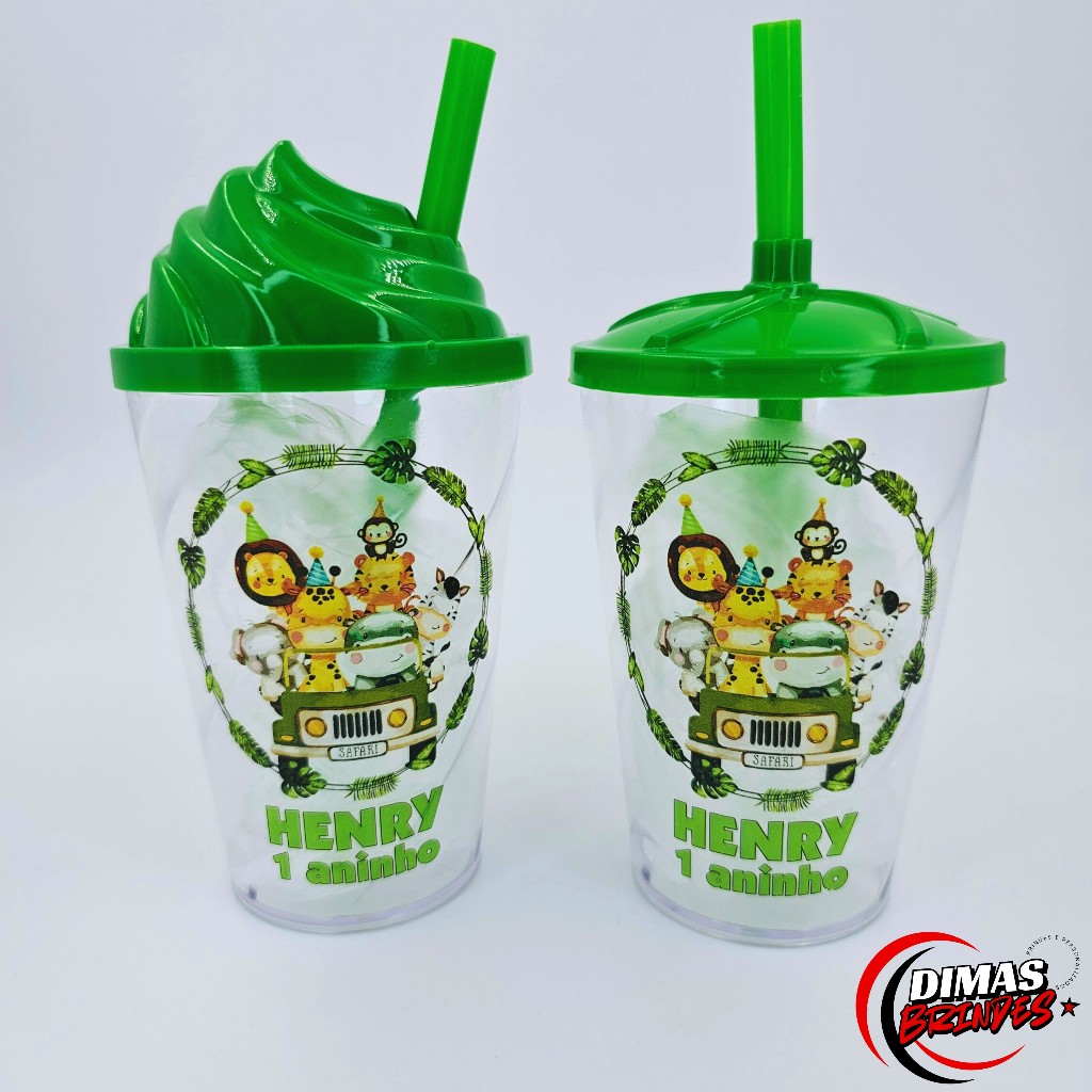 Copos Twister 300ML Personalizado Com Tampa e Canudo - Safari Baby (Qualquer Tema) em Oferta na Shopee
