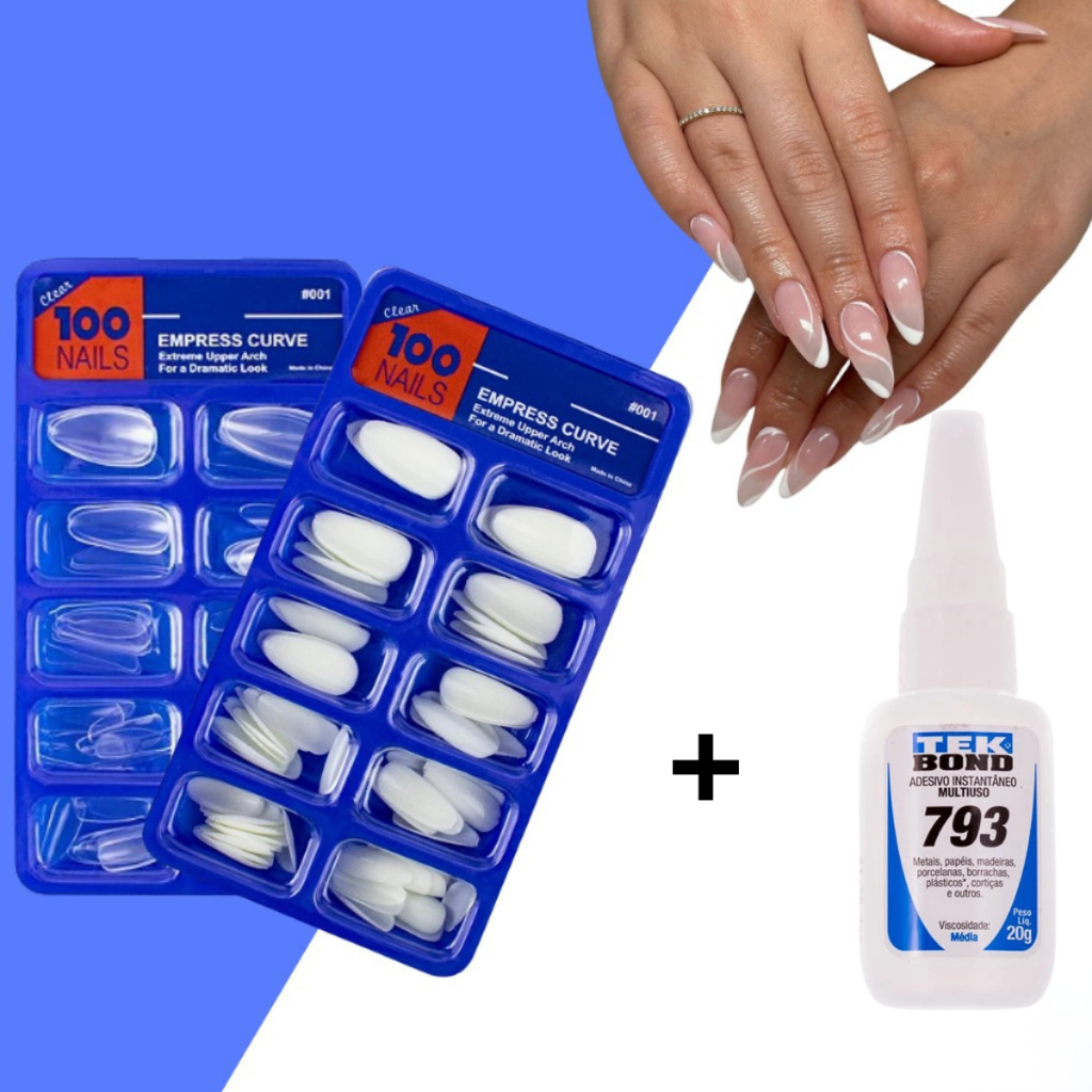 100 UNHAS POSTIÇAS INTEIRAS AMENDOADA NATURAL REALISTA DIVERSOS TAMANHOS + TEK BOND 793 20g SECAGEM RÁPIDA em Oferta na Shopee