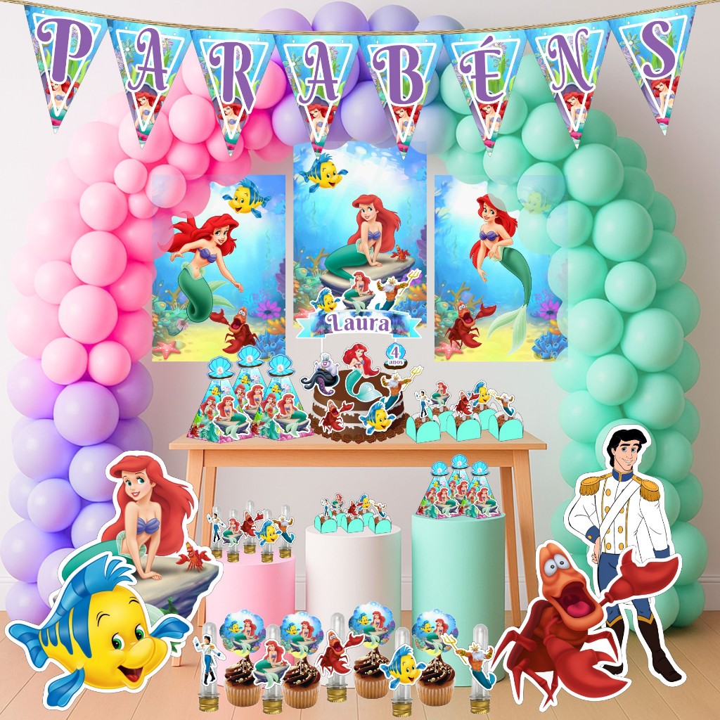 Kit Festa Aniversário Personalizado Pequena Sereia Ari 78 itens- Decoração Mesversario Lembrancinhas