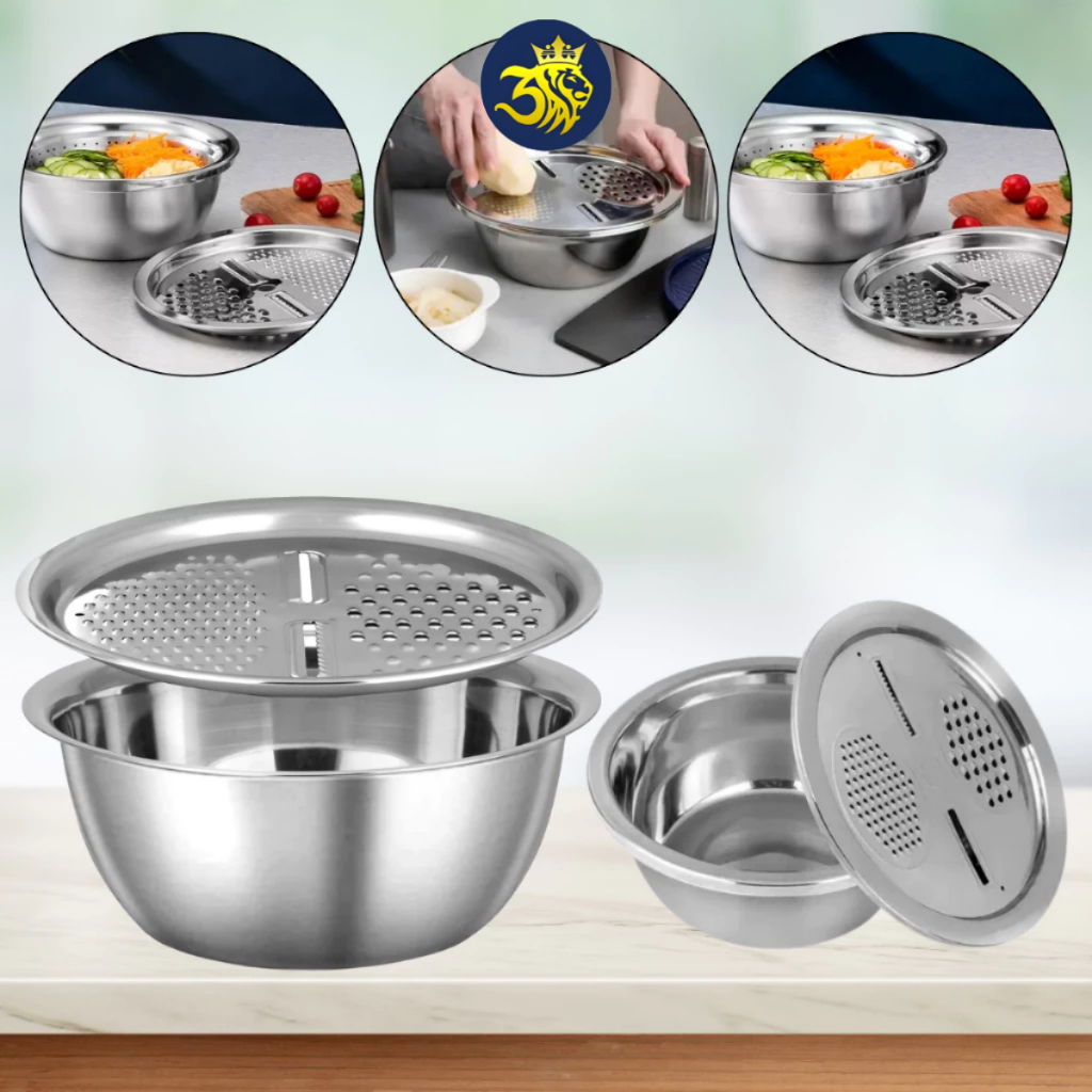 Kit 4 Em 1 Ralador Fatiador Bacia Inox Tigela Saladeira