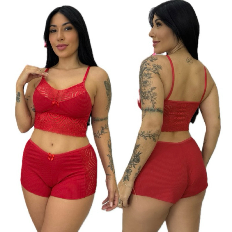 Baby Dool Cropped Canelado Renda Noite