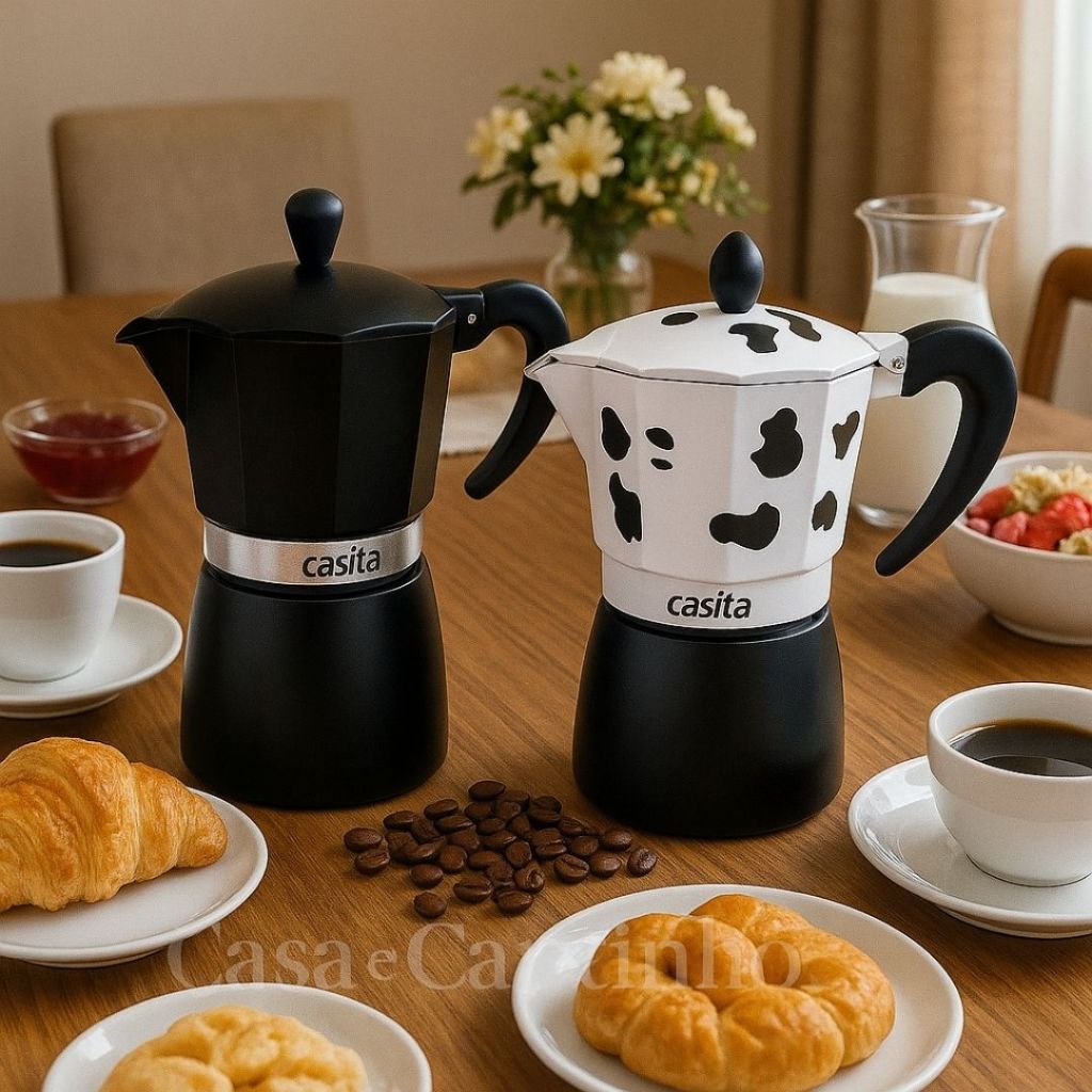 Cafeteira 6 Xícaras Italiana Moka Alumínio ou Inox Preta/Vaquinha Café Expresso 300ml Vai ...