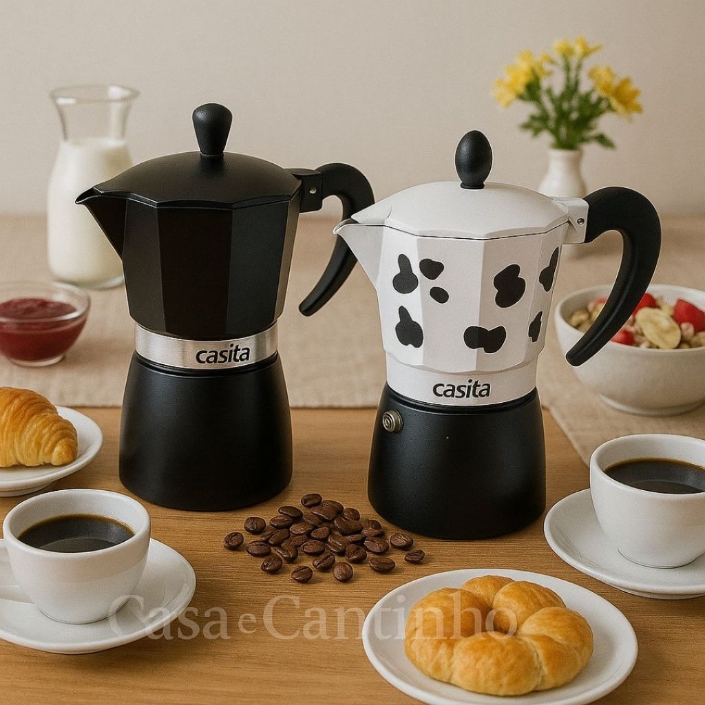Cafeteira Italiana para Café Expresso 300ml Moka 6 Xícaras Alumínio Inox Preta Vaquinha de...