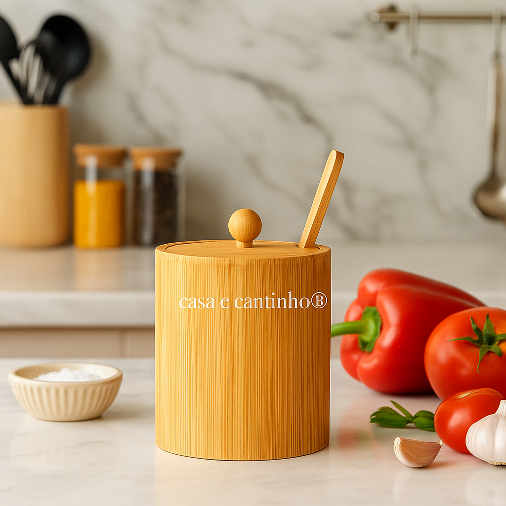 Saleiro, Açucareiro ou Farinheiro de Bambu com Tampa e Colher – Pote Multiuso Natural Eleg...