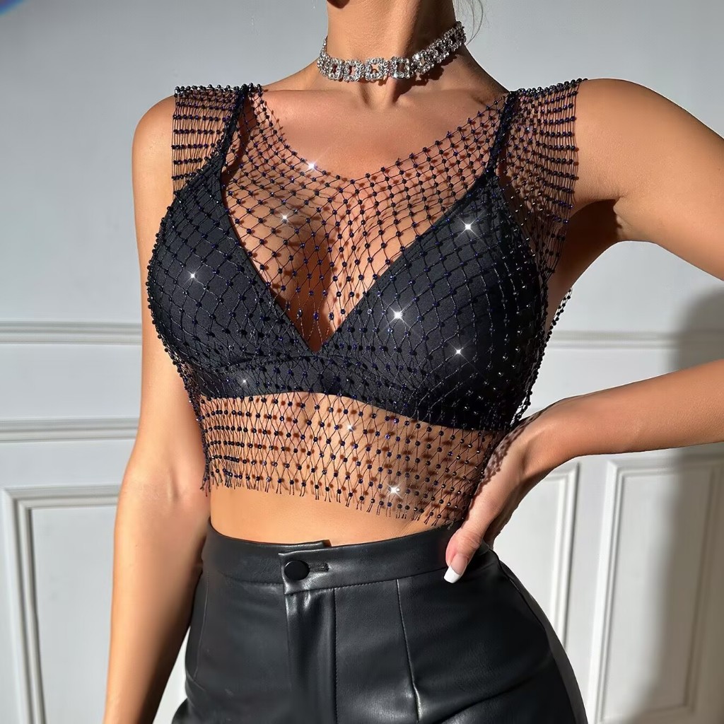 Blusa arrastão com permanente e camada externa curta e top vazado com strass 50cm em Oferta na Shopee