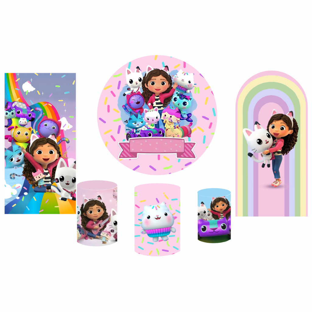 Kit Festas Super Combo - Retangular 2x1 + Romano 2x1 + Painel 1,5 + Capa Trio Cilindros - TEMA Casa Mágica Da Gabby