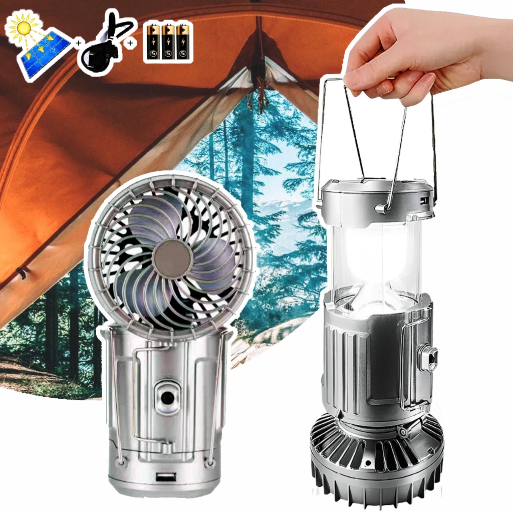 Ventilador com Lampião Solar LED Recarregável Portátil 3 em 1 com Power Bank