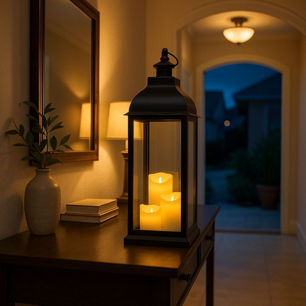 Luminária Lanterna Decorativa com 3 Velas LED – 69cm, Vidro e Plástico – Cores Preto ou Cobre