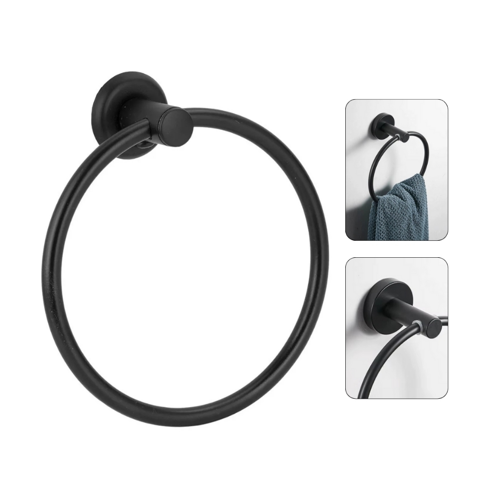 Porta Toalha Redondo Aço Inox Argola Preto Fosco Acessório Para Lavabo Banheiro Luxo