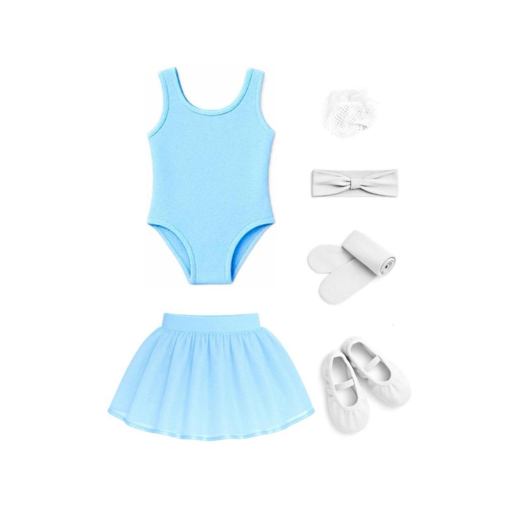 Kit 6 Itens - Collant REGATA, Saia de Tule (AZUL BEBÊ COM GLITTER) e Redinha, Faixinha, Meia Calça e Sapatilha (BRANCO)