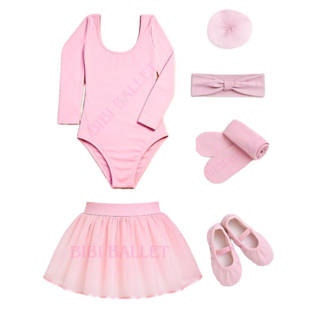 Kit 6 Itens - Collant (MANGA LONGA), Saia de Tule (SEM GLITTER) e Redinha, Faixinha, Meia Calça e Sapatilha (ROSA BEBÊ)