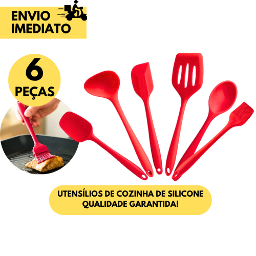 Kit 6 Peças Utensílios Cozinha Silicone Vermelho Peças Antiaderente Alta Qualidade Resistente