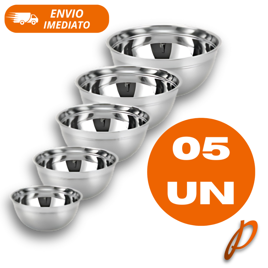 Conjunto 5 Medidas Tigela Inox Grande Conjunto Bowl Saladeira Kit Cumbuca Bacia Cozinha Utilidades