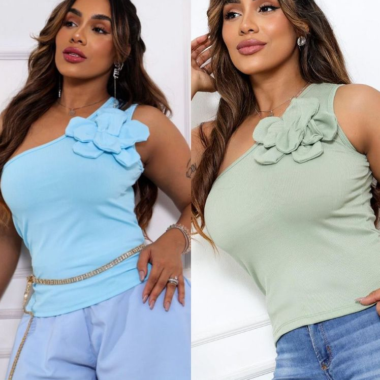 kit 2 Blusas Blusa Feminina de Alça Única com Detalhe de Flor