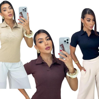 Blusa Polo Feminina Ribana Canelada 96% Algodão Manga Curta P ao G2 Plus Size G1 G2 13 Cores Confortável para Trabalho
