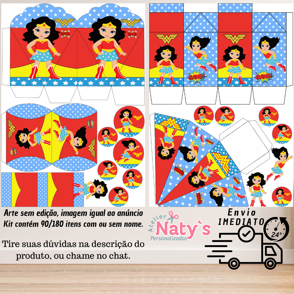 KIT COM 90/180 ITENS TEMA: MULHER MARAVILHA CUTE LEMBRANCINHAS COM/SEM NOME - Envio 24H em Oferta na Shopee