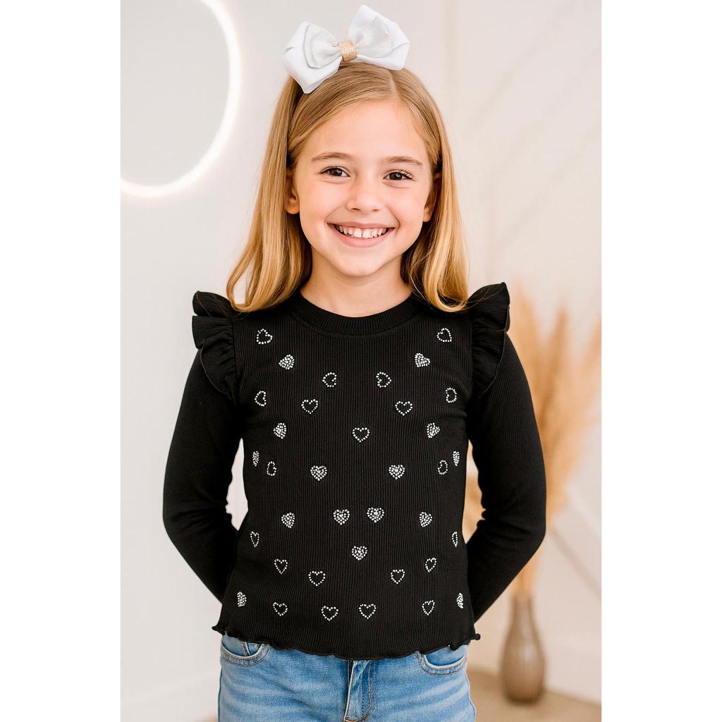 Blusa Infantil Manga Longa FruFru Canelado Coração Menina Juvenil 4 Ao 12 Frio Meia Estação Cumprida Brilho Blogueirinha