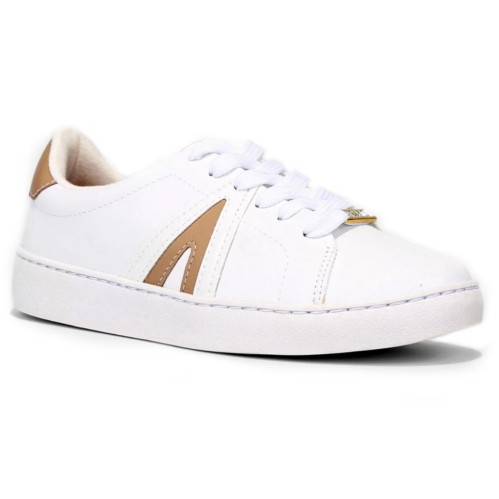 Tênis Casual Vizzano- Pelica - Detalhe V Em Verniz- Cor Branco E Bege