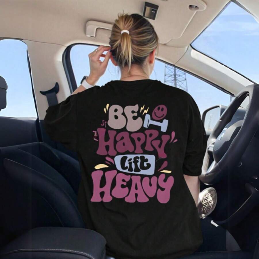 Camiseta Feminina Musculação Leve Confortável Estampada Divertida Halteres Cardio Academia Oversized