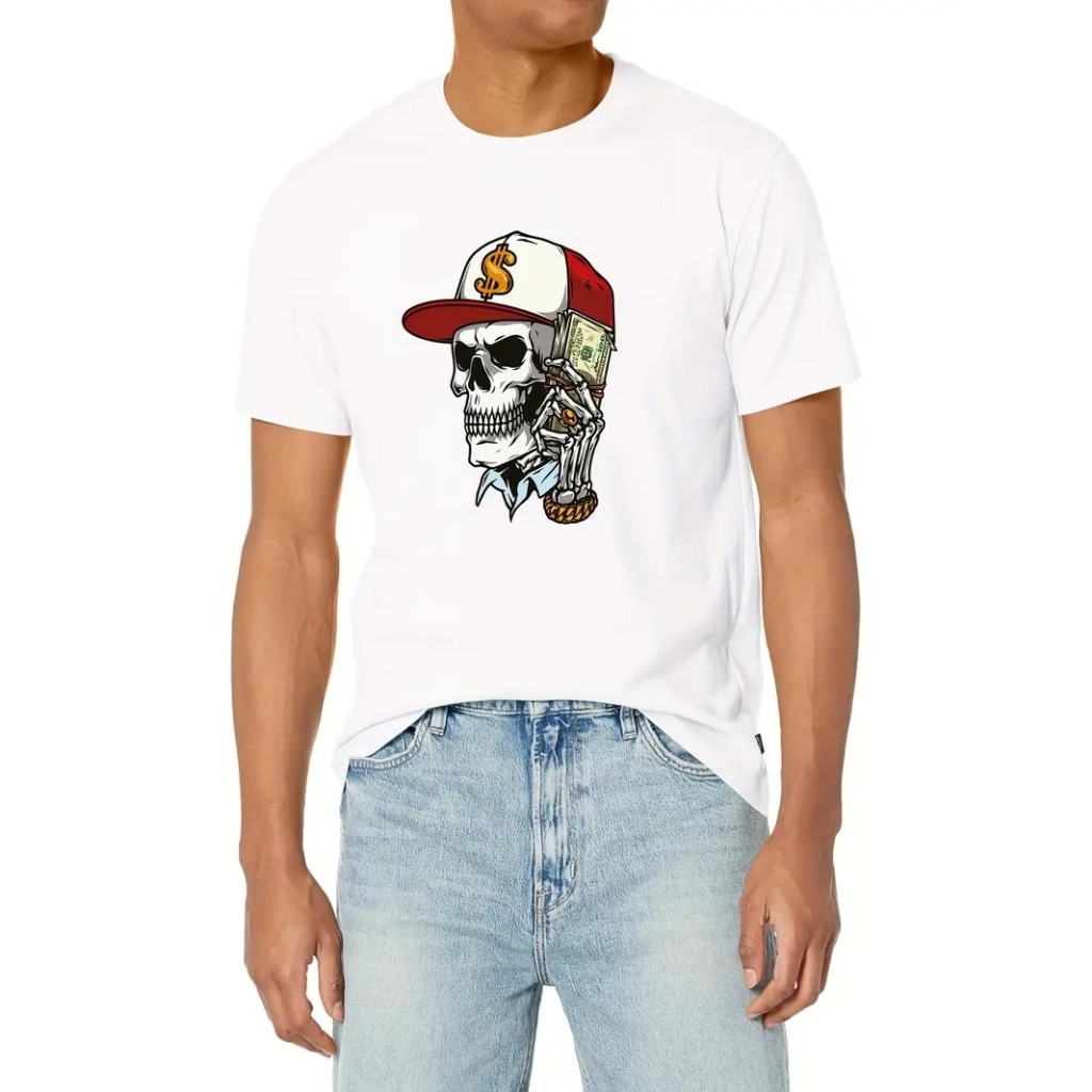 Camiseta Algodão Tradicional PlusSize Infantil Street Wear Estilo Urbano Caveira Boné Dollar