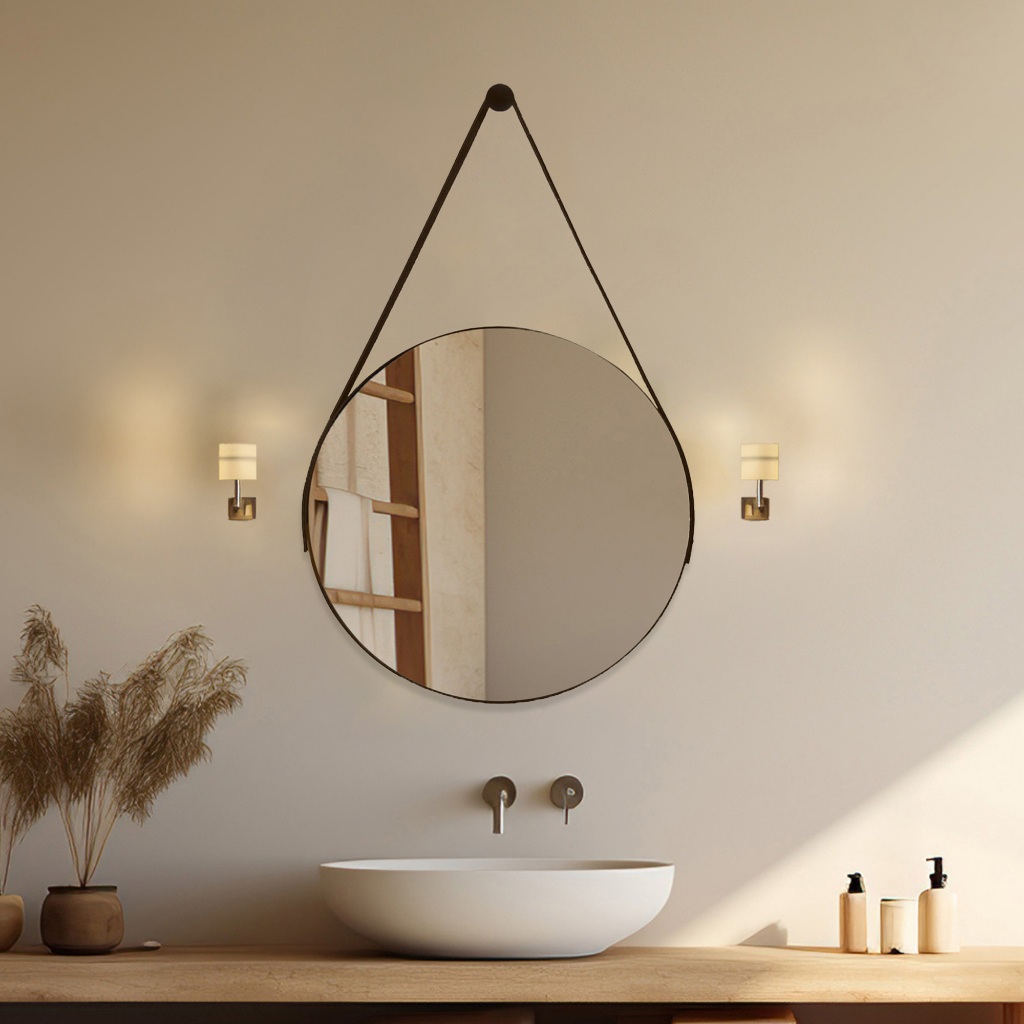 Espelho Adnet 40cm Sala Quarto Banheiro Suporte e Pendurador Alça Couro - Home & Living