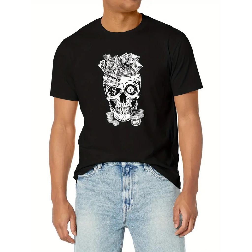 Camiseta Algodão Adulto, Infantil Caveira Cabeça Cofre Dinheiro Dolar Streetwear Moda Premium
