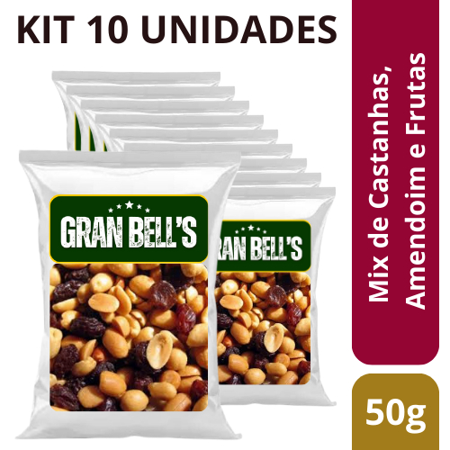 Kit com 10 unidades de Mix de Castanhas, Amendoim e Uvas Passas Levemente Salgado Fitness GRAN BELL'S