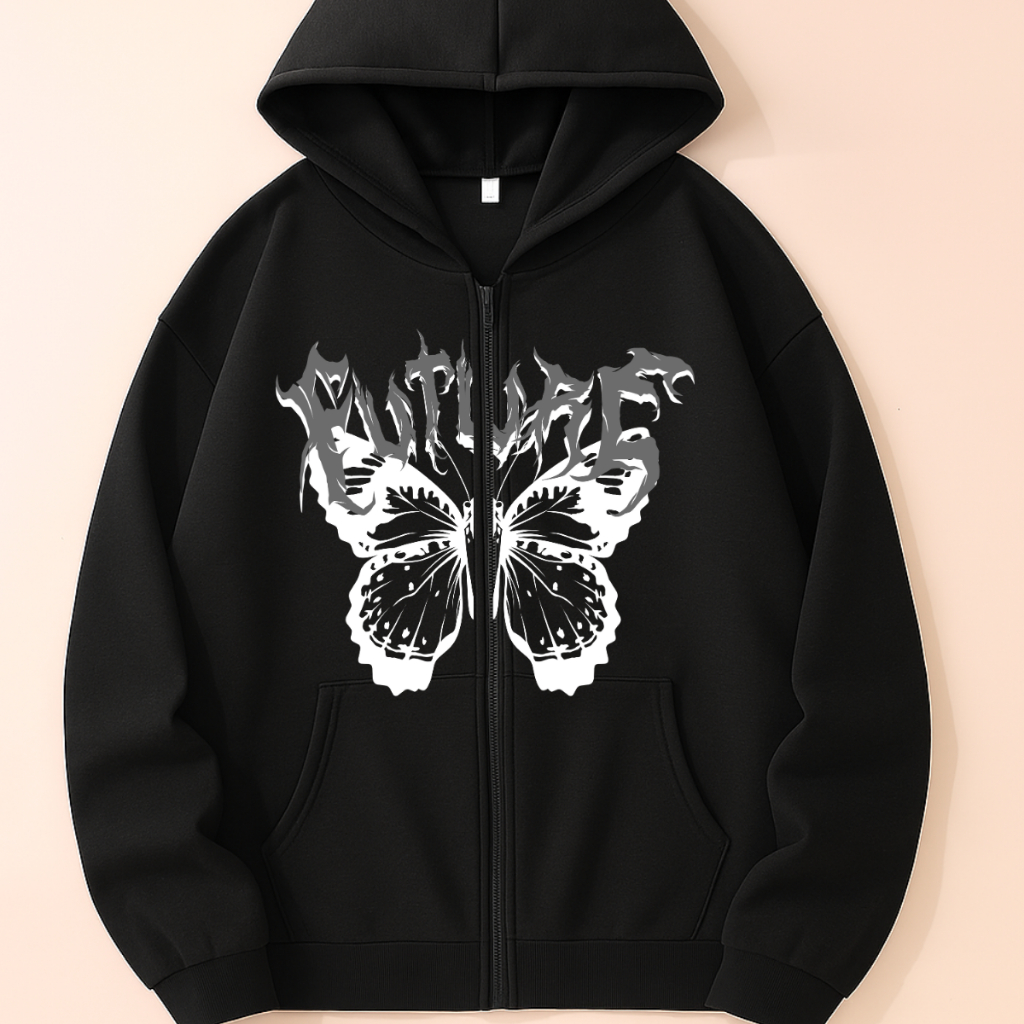 Moletom Butterfly Ziper Gothic Grunge Fashion Urban Oversized