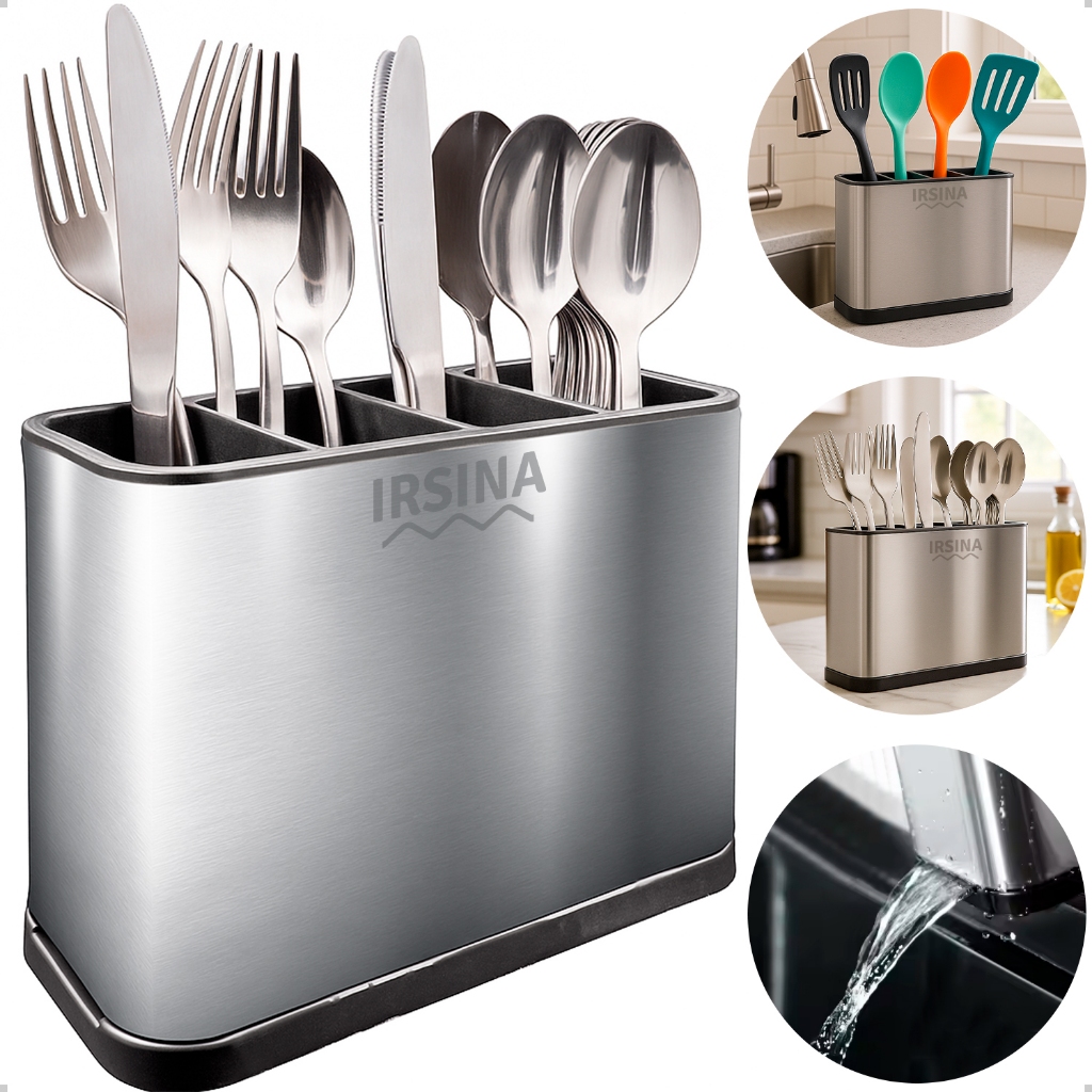 Escorredor de Talheres Organizador De Pia Porta Utensílios com Divisórias Vazado Inox