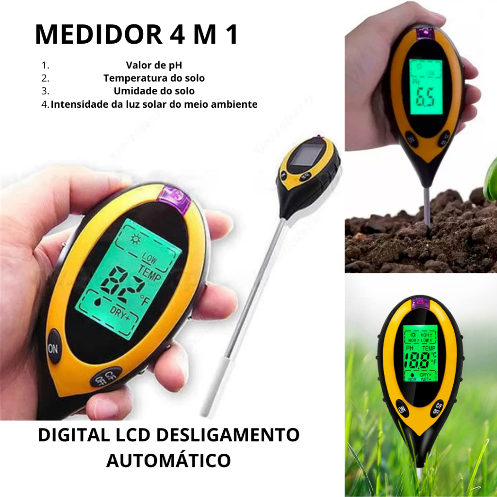 MEDIDOR DE SOLO 4 EM 1 DIGITAL INTELIGENTE MEDE PH UMIDADE TEMPERATURA E LUZ COM DISPLAY LCD