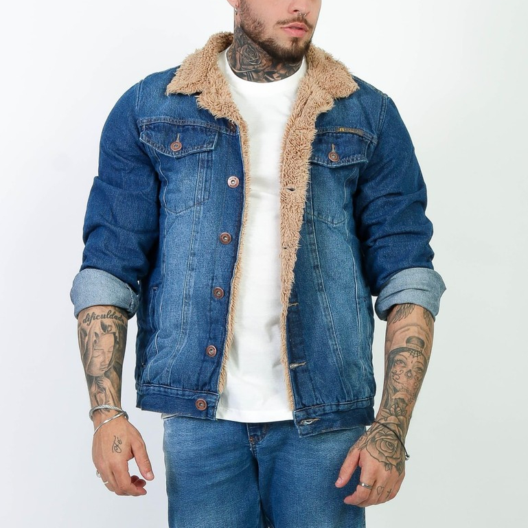 Jaqueta Jeans Masculina Sherpa Pelinho Forrada Com Pelo Jaqueta Jeans Azul Escuro Pelo Carneiro