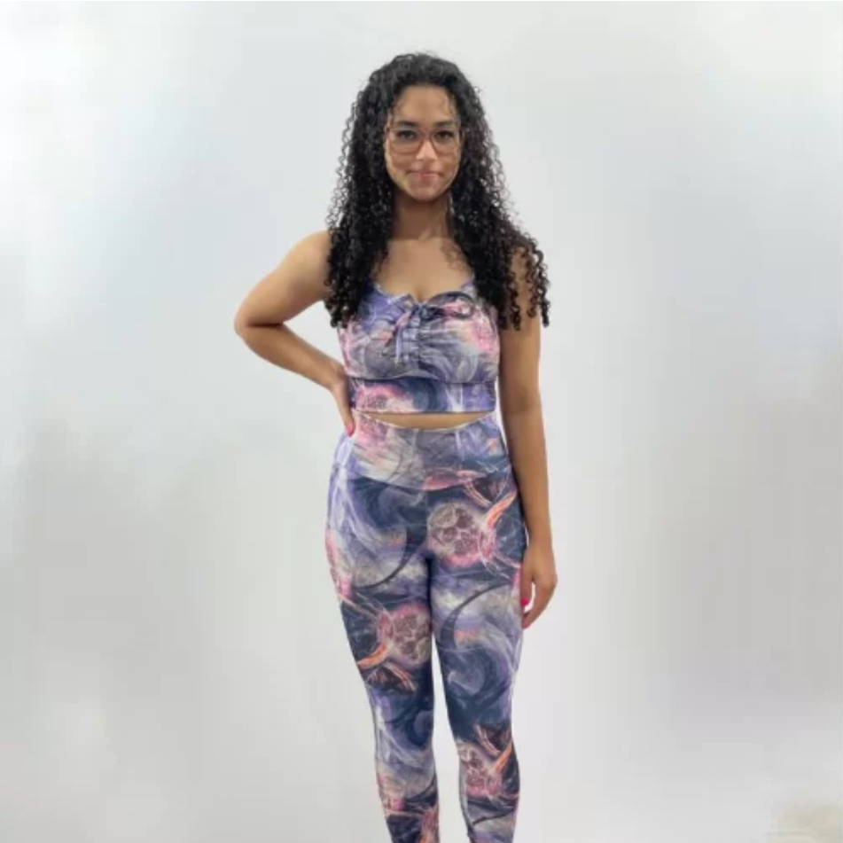 Conjunto Fitness Feminino Estampado Roxo Academia Yoga Pilates Amarração Média Compressão