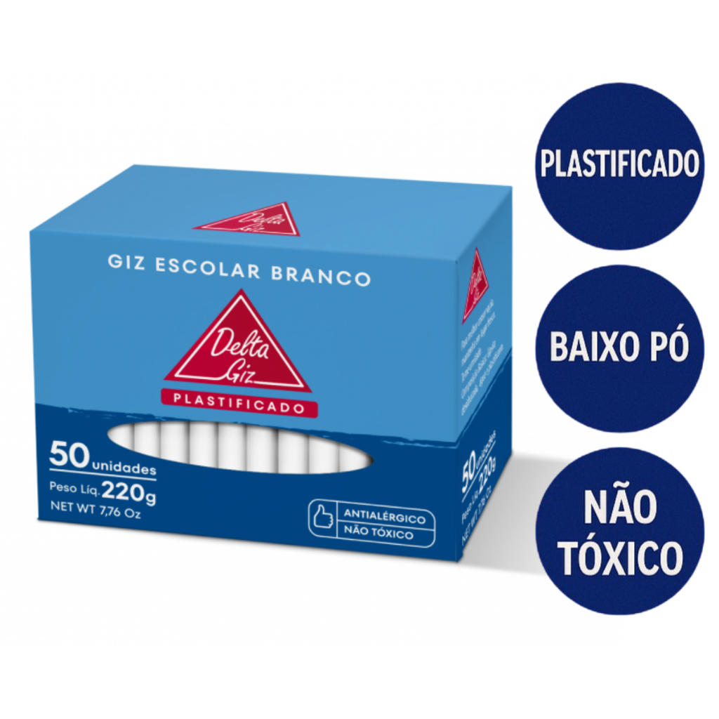 Giz Plastificado Escolar Branco para Quadro Negro – 50 Unidades – Delta Giz