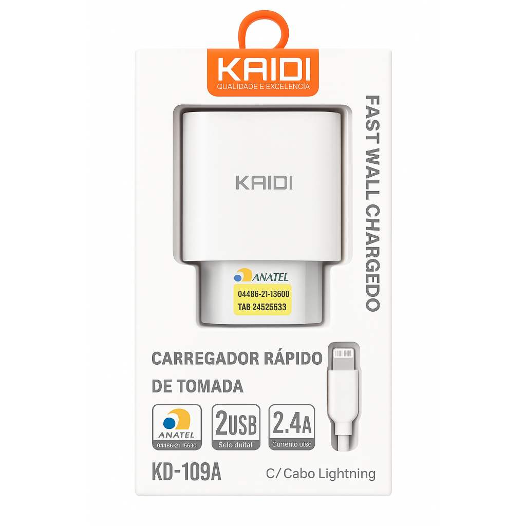 Carregador + Cabo IPHONE  rápido de tomada KAIDI KD-109A Marca premiun