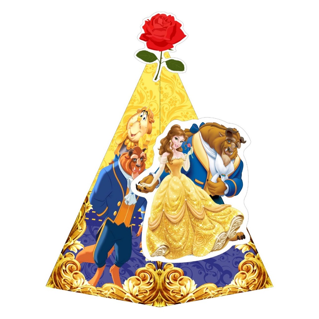 Caixa Cone Decoração A Bela e a Fera com Aplique 3D - Decoração de Festa e Mesversário