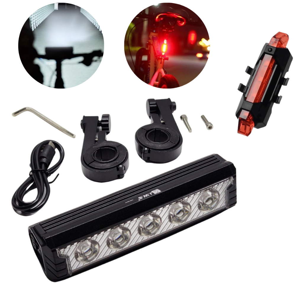 Farol Monster JWS Original 5 Led Tg3 Lanterna Bike 20.000 Lumens + Led Traseiro Bike Vermelho