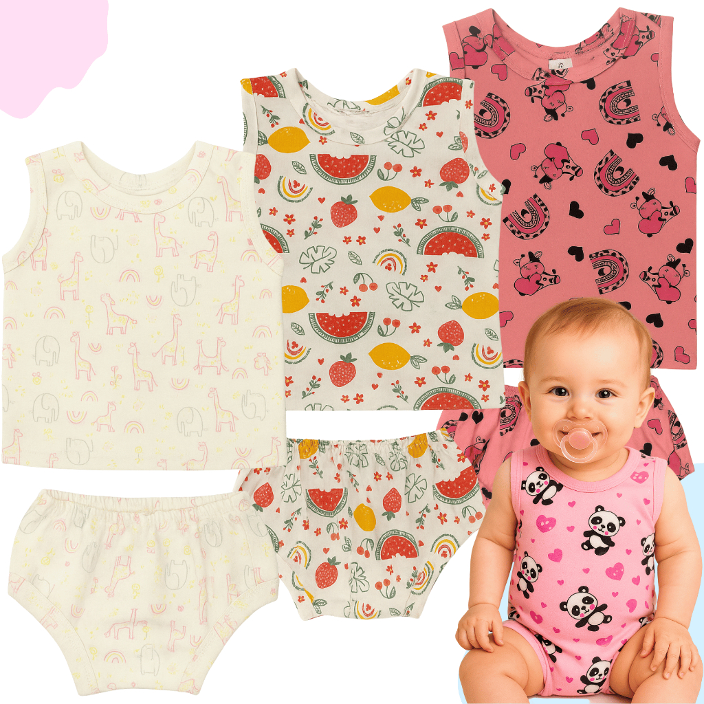 Kit 3 Conjuntos Verão Bebê Menina Regata e Tapa Fralda Estampado 100% Algodão Roupinha Infantil 0 a 12 Meses