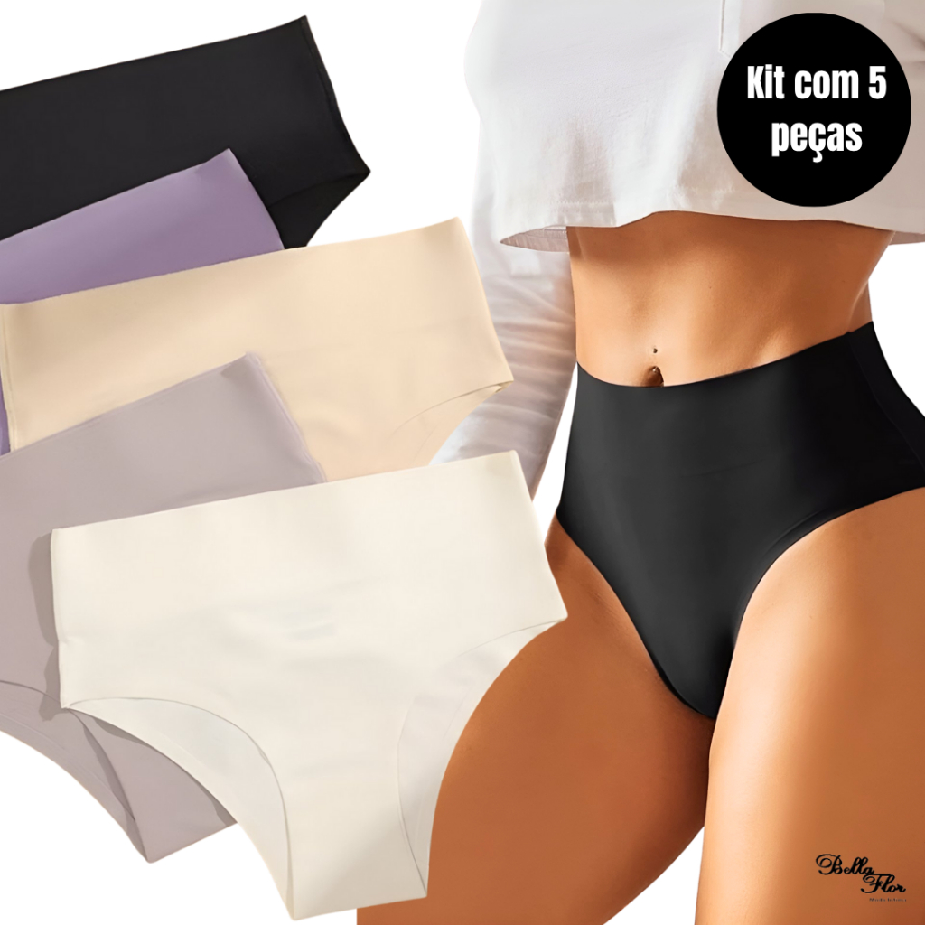 Kit 5 Calcinhas Cós Alto Sem Costura Corte a Laser Conforto Não Marca