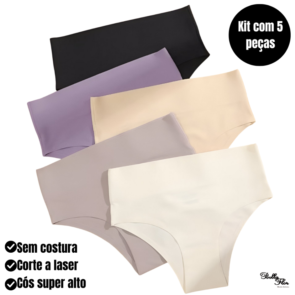 Kit 5 Calcinhas Cós Alto Sem Costura Corte a Laser Conforto Não Marca