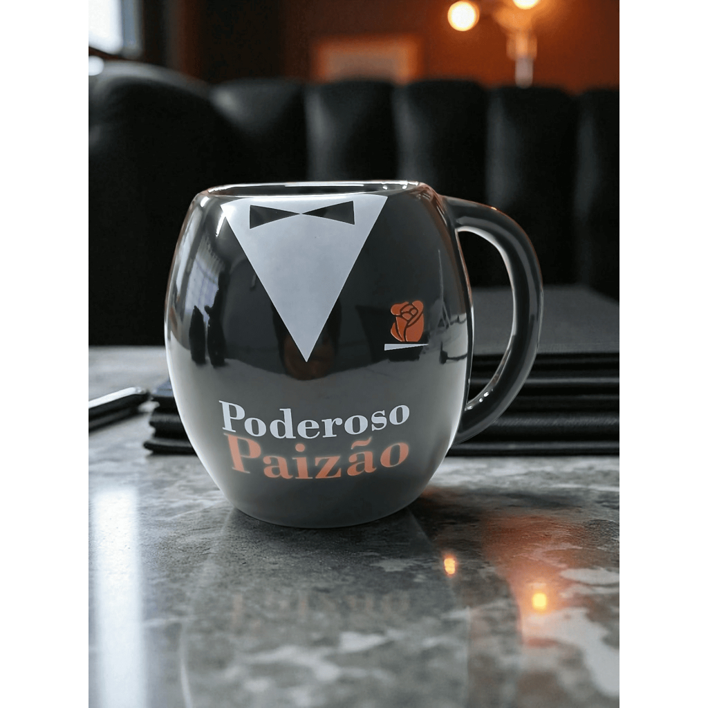 Caneca em Porcelana Preta Bojuda 410ml Poderoso Paizão - Presente Criativo Dia dos Pais