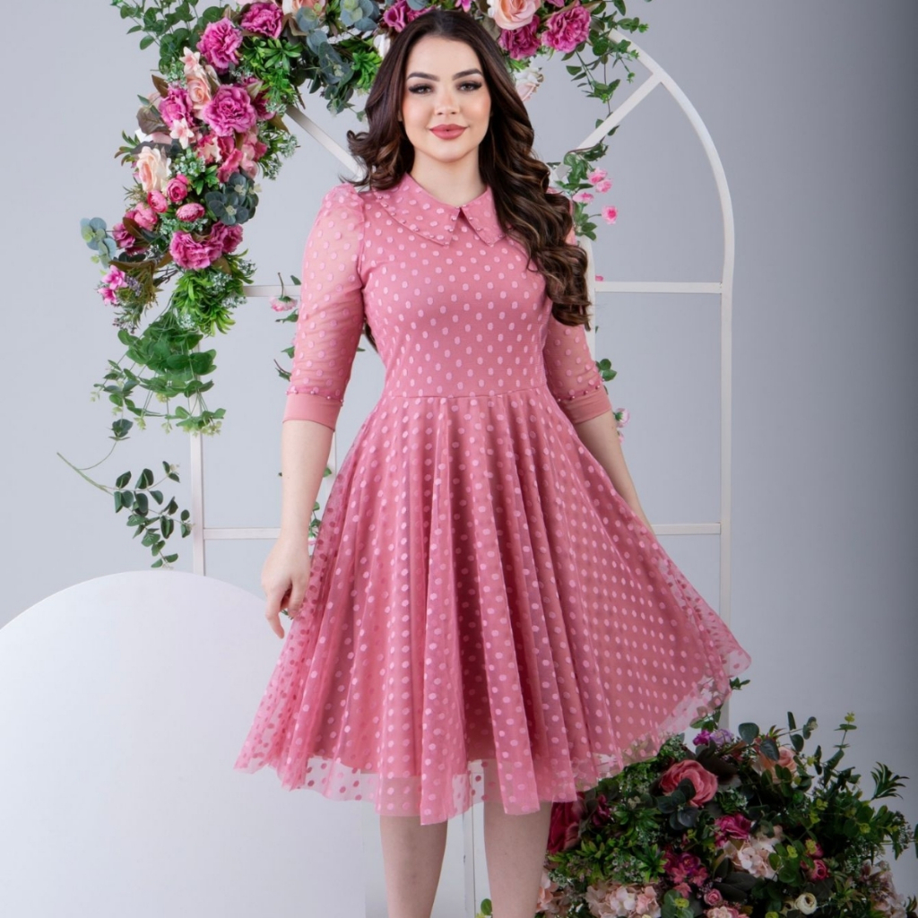 Vestido Feminino Midi Elegante Moda Evangélica Em Elastano Com Gola Pérolas Delicado