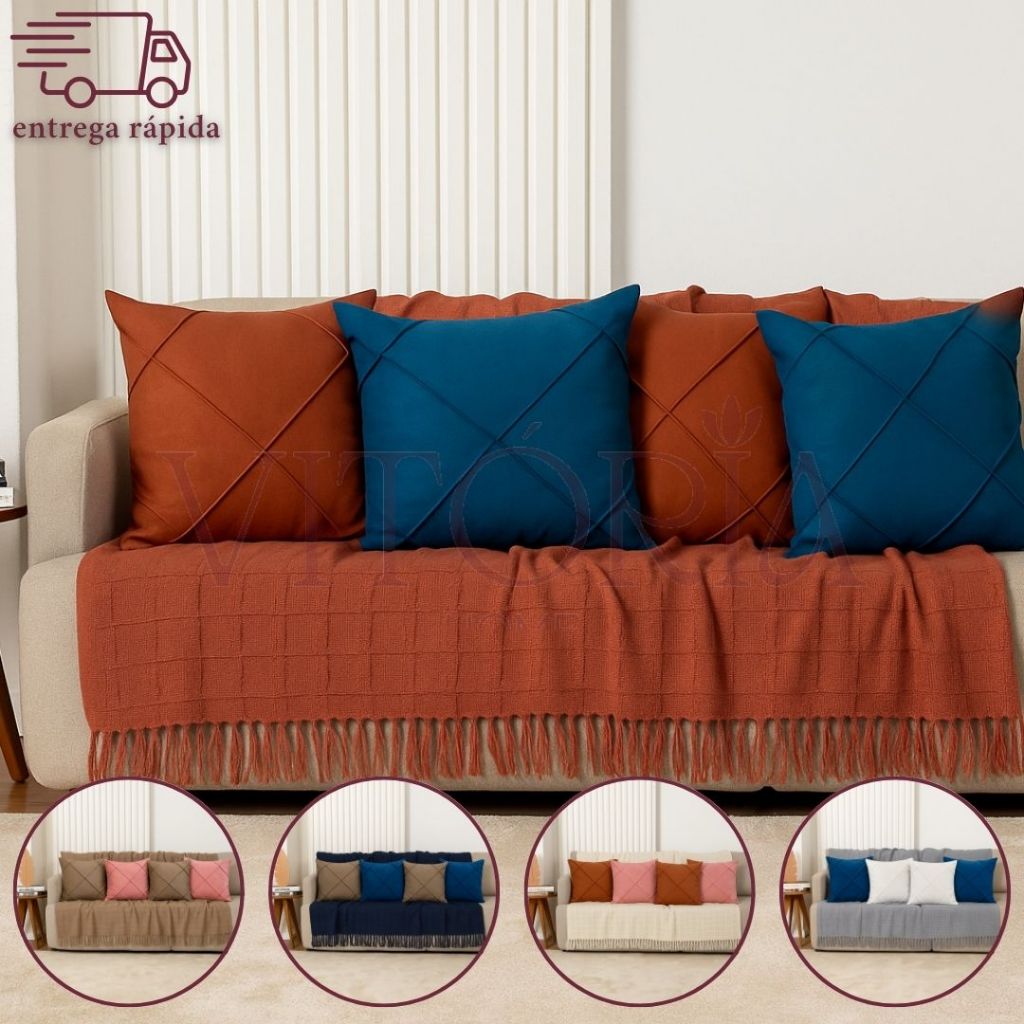 Kit Manta + Capas de Almofada Suede Drapeada Decoração Sala Sofá Manta P 1,40 x 1,70m