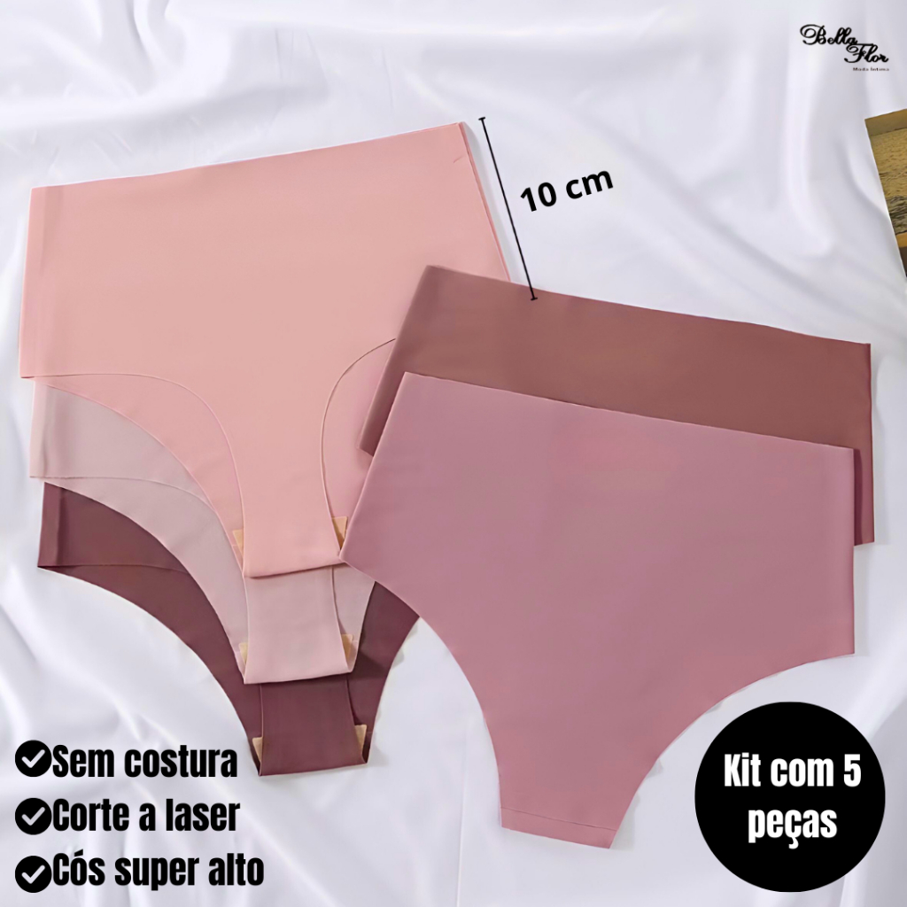 Kit 5 Calcinhas Cós Alto Sem Costura Corte a Laser Conforto Não Marca