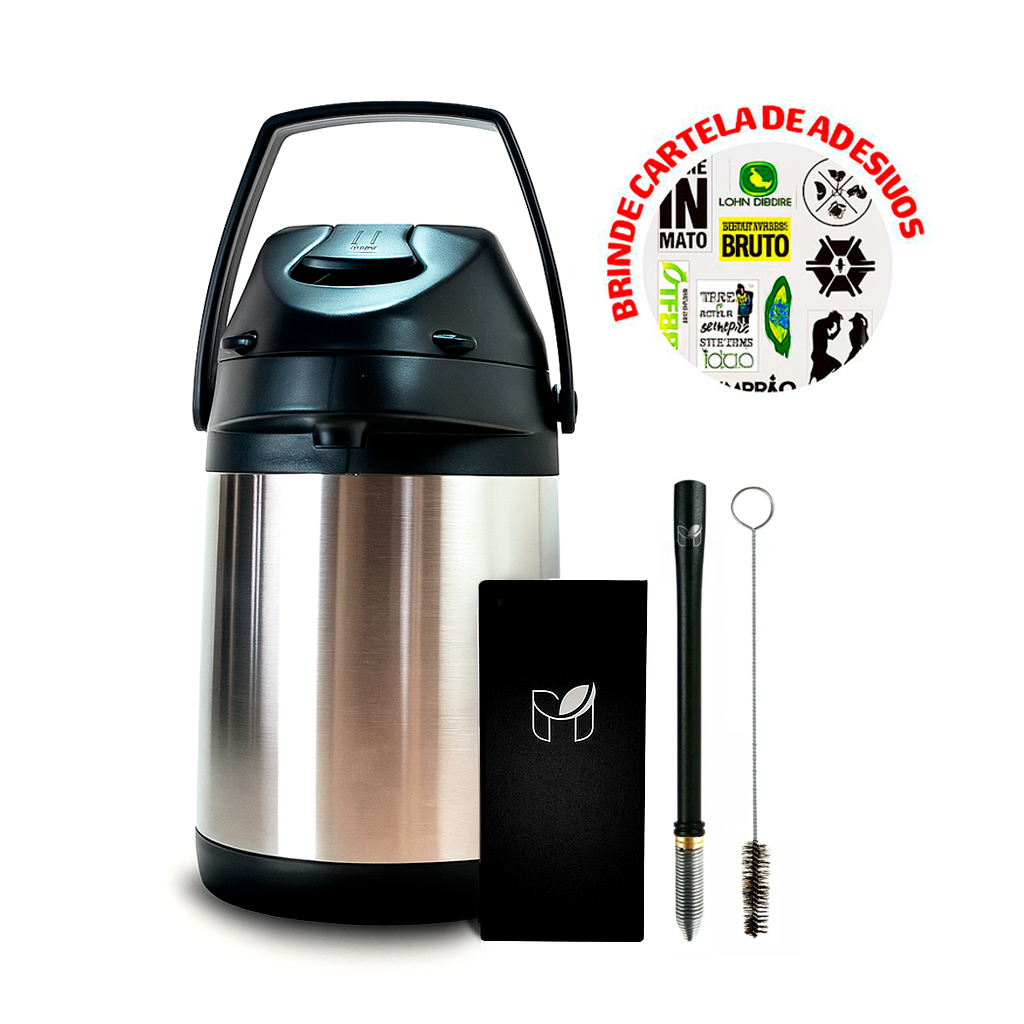 Kit Terere Garrafa Térmica 2,5L Copo Quadrado Inox Preto  Bomba Mola Conica em Oferta na Shopee