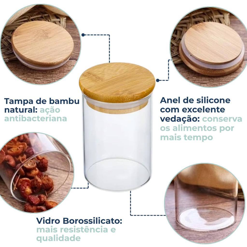 Kit 6 Pote De Vidro Porta Tempero Mantimentos Redondo Borossilicato Tampa De Bambu 210ml