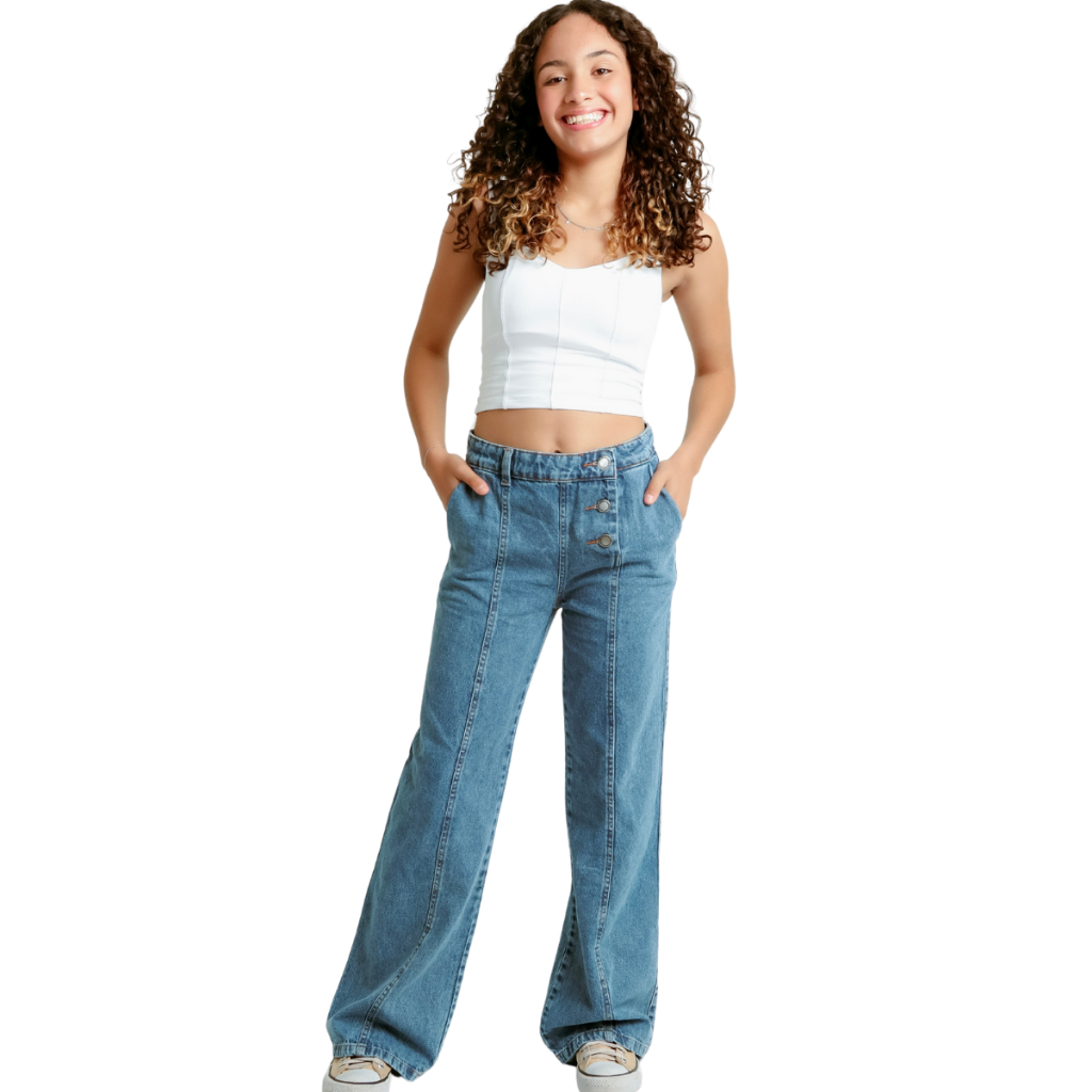 Calça Jeans Wide Leg Infantil Juvenil Menina Pantalona Roupa Bolso Faca Ajuste na Cintura Larguinha
