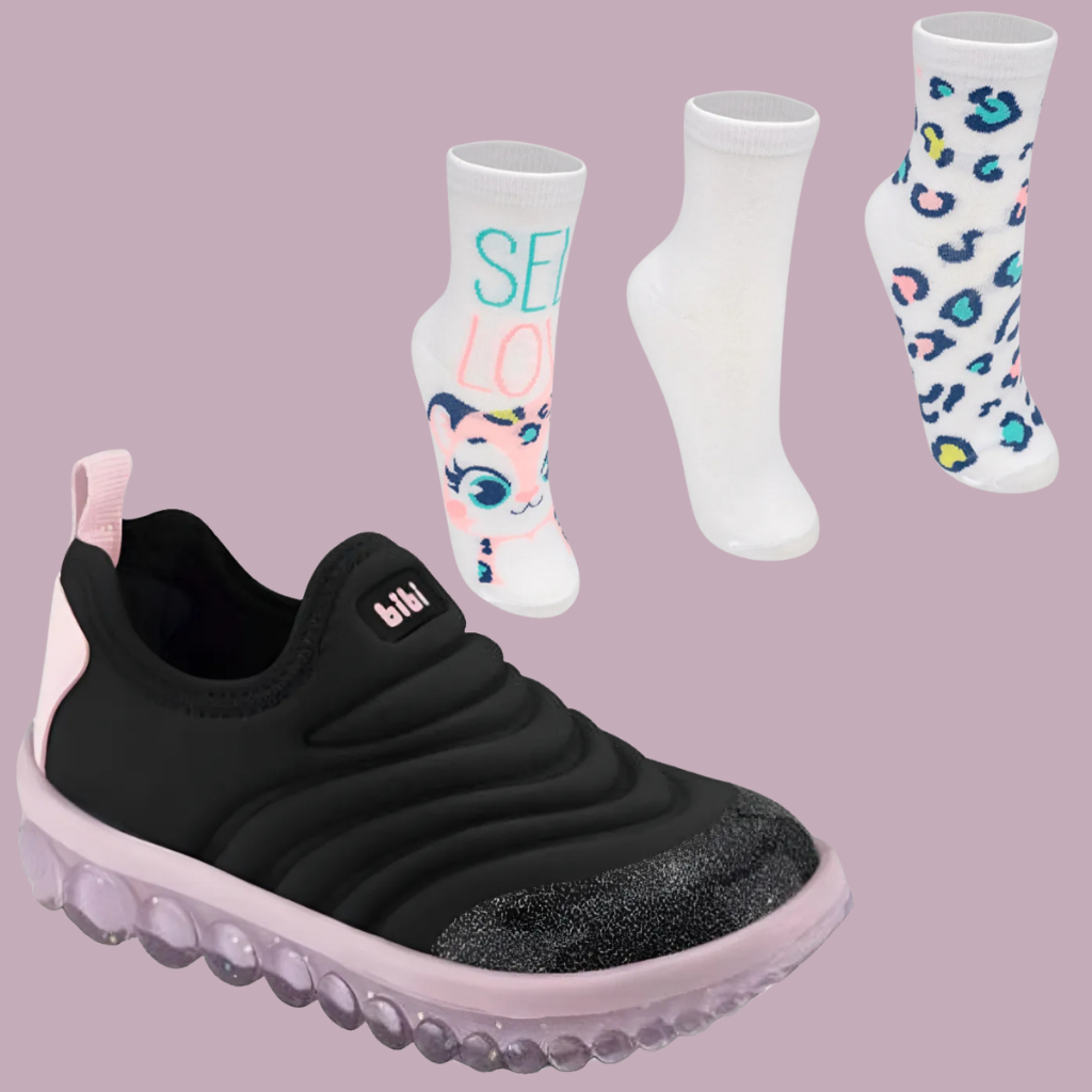 Tênis Bibi Roller 2.0 Glitter Escolar Feminino calce fáci + BRINDE 3 Meias Colorida Macio Onça Puket