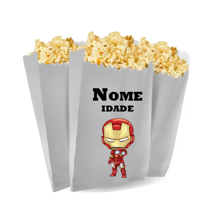 Saquinho de Pipoca Personalizado 13x7cm Tema homem de ferro