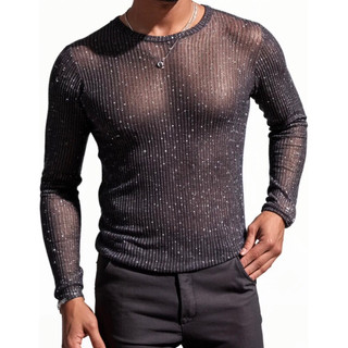 Camiseta Masculina Manga Longa Tule Canelado FIO DOURADO– Transparente, Festa, Balada, Fashion